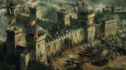 Siege of Stronghold. Catapults and Siege Towers Engaged in Desperate Assault Castle - obrazy, fototapety, plakaty