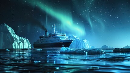Icebreaker in the North Sea, among ice floes. Northern Lights-aurora borealis. Icebreaker sails through stunning Arctic landscape of ice floes.