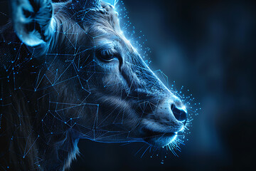 Captivating cow illustration featuring intricate digital wireframe polygons and modern line and dot technology, perfect for contemporary designs and agricultural-themed compositions - obrazy, fototapety, plakaty