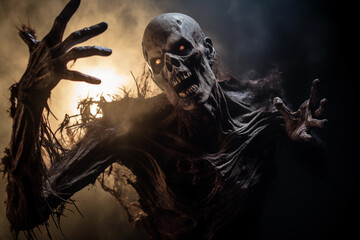 Obraz na płótnie Canvas Zombie reaching out menacingly with shredded clothing and rotting flesh, under a dramatic spotlight. Generative AI