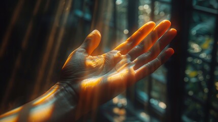 Hand bathed in sunlight by a window