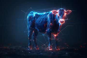 Captivating cow illustration featuring intricate digital wireframe polygons and modern line and dot technology, perfect for contemporary designs and agricultural-themed compositions - obrazy, fototapety, plakaty