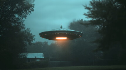 Flying saucer hovers ufo in the sky, with metallic surfaces reflecting sunlight. It moves swiftly, emitting bright lights