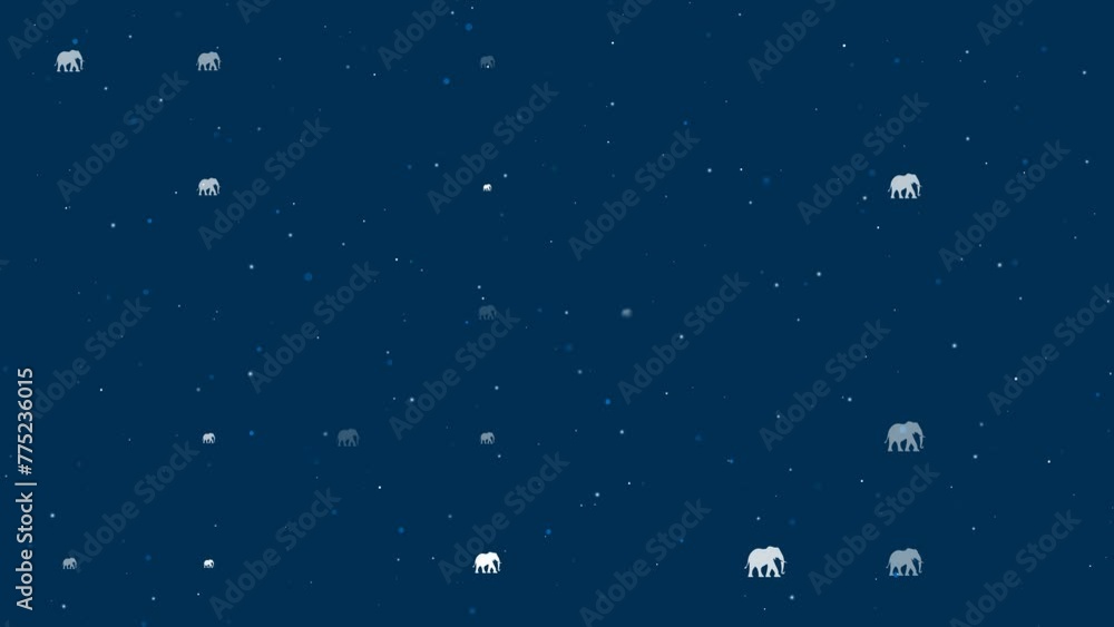 Poster template animation of evenly spaced elephants of different sizes and opacity. animation of transpare
