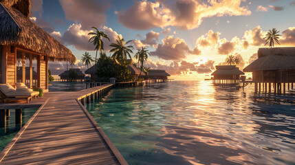 Luxury Maldives resort at sunset, palm trees and overwater bungalows, a tropical paradise escape