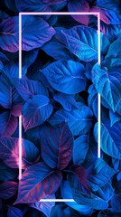 Vibrant blue leaves with neon light frame
