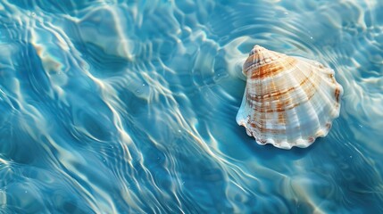 Fototapeta na wymiar a lone white seashell adrift on the tranquil blue waters of the sea. Dive into nature's beauty