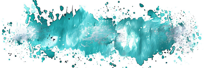 Turquoise and silver watercolor splatter on transparent background.