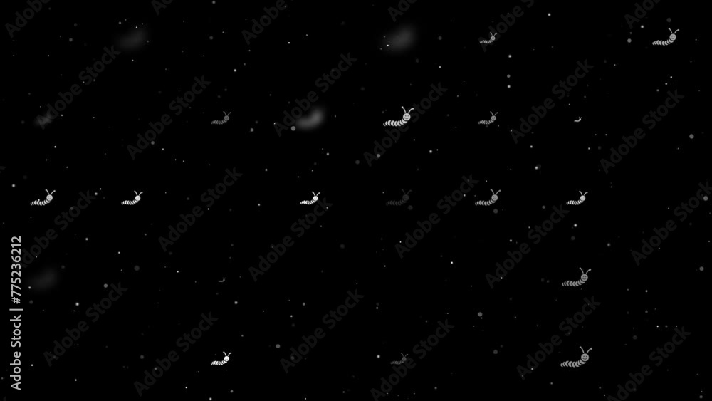 Poster template animation of evenly spaced caterpillar symbols of different sizes and opacity. animation of