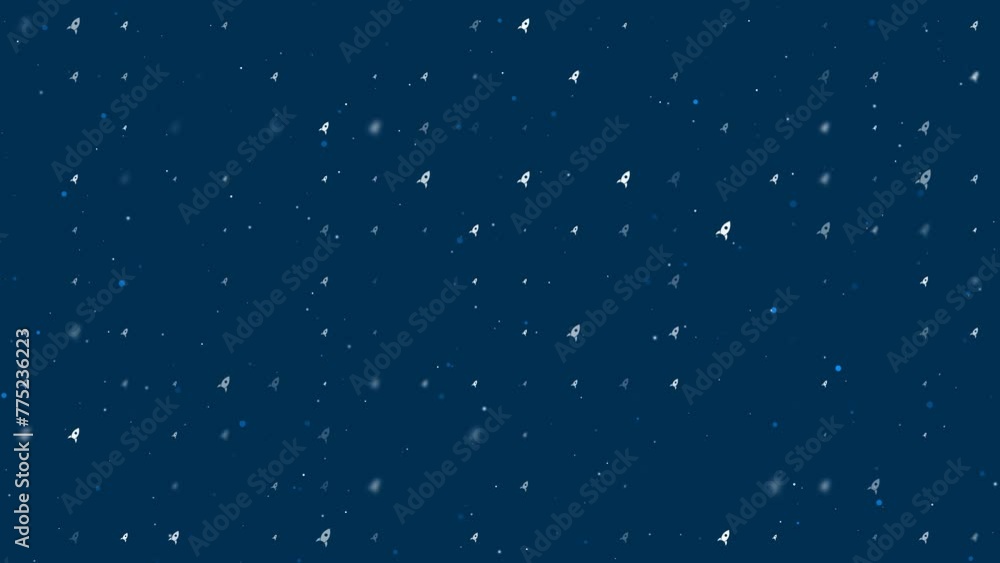 Poster template animation of evenly spaced rocket symbols of different sizes and opacity. animation of tran