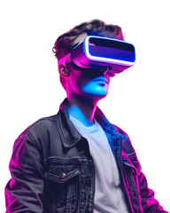 Young man using virtual reality headset isolated on transparent background, future tech concept