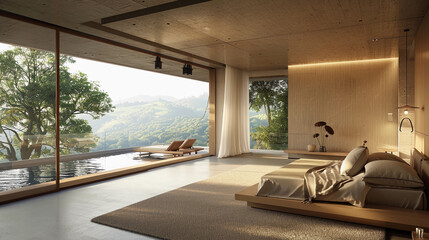 Beautiful bedroom interior with a stunning view.