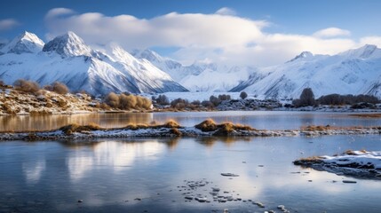 Winter landscape with lake and mountains