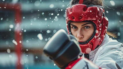 Young woman in boxing gloves in dynamic action on a ring. Concept of sport training, mental health, shadow boxing. Generative ai