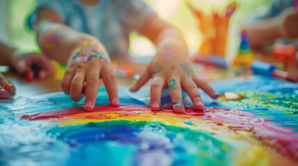 International Children's Day card concept. Little child paints a rainbow at sunny day. Generative ai