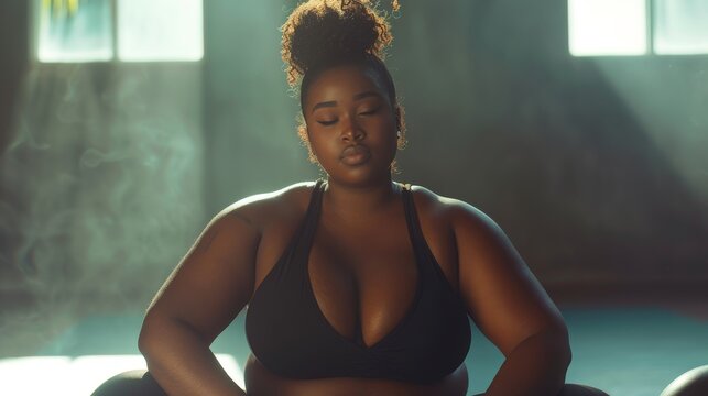 Black woman, fat body positive beauty, doing sport or yoga in the gym or fitness center. Motivation for a healthy lifestyle. Generative ai