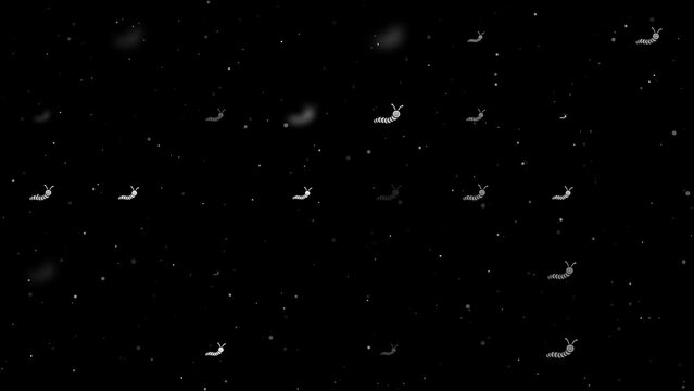 Template animation of evenly spaced caterpillar symbols of different sizes and opacity. Animation of transparency and size. Seamless looped 4k animation on black background with stars