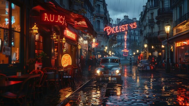 Fototapeta 1950s parisian twilight  vintage charm in ultrahigh res with neon signs and vintage cars