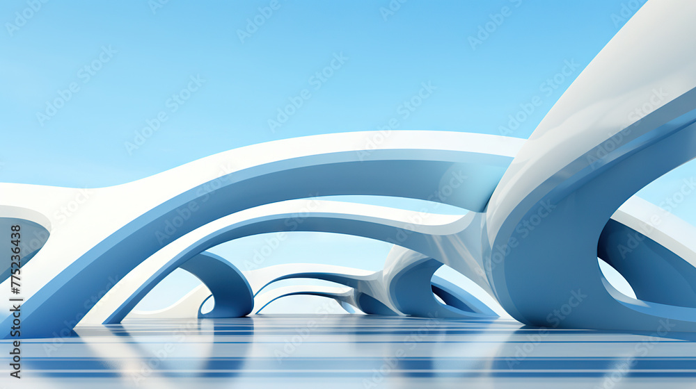 Aufkleber Abstract architecture scene with smooth curves. Abstract background with futuristic building in white and blue colors.