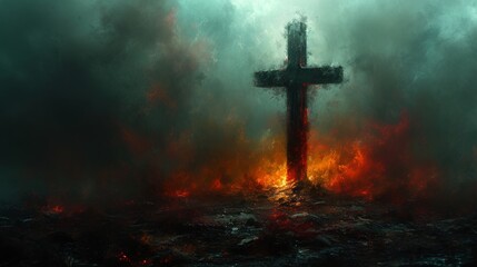 Cross in fiery landscape with smokey atmosphere