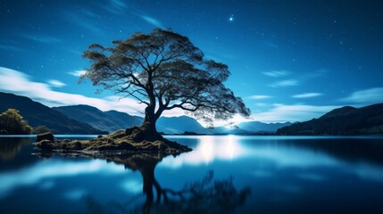 Starry night and lake a magical landscape with a tree