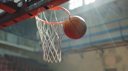 The basketball is flying into the basket. Close-up. The basketball glides towards the hoop, capturing the intensity of the shot.