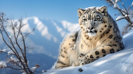 Obraz premium Mountainous terrain with rare snow leopard and sky