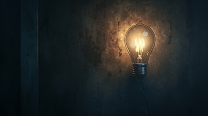 Illuminated light bulb against a dark textured background
