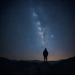 Silhouetted person against the mesmerizing Milky Way, showcasing the contrast between human existence and the infinite universe - obrazy, fototapety, plakaty