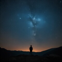 Fototapeta premium Silhouetted person against the mesmerizing Milky Way, showcasing the contrast between human existence and the infinite universe