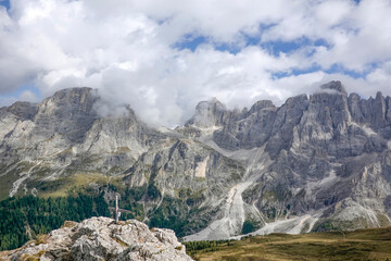 Summer view of the famous Pale di San Martino  landscape, near San Martino di Castrozza, Italian Dolomites, Europe                         - 775237099
