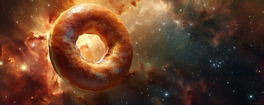 Surreal space scene with giant donut