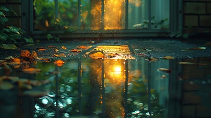 Sunset reflection in a puddle with autumn leaves