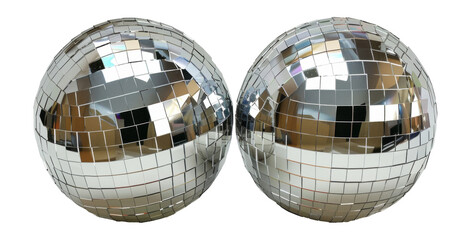 Two reflective disco mirror balls isolated on transparent background