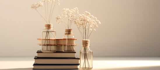 Books and flower, home decoration concept, AI generated