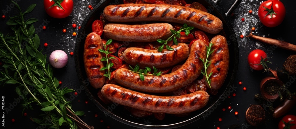 Sticker An assortment of sausages and ripe tomatoes cooked together in a pan resting on a wooden table