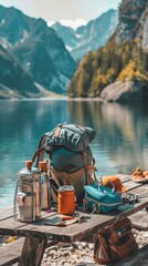 Backpack with thermo cup and travel accessories on the wooden table in front of the mountain lake