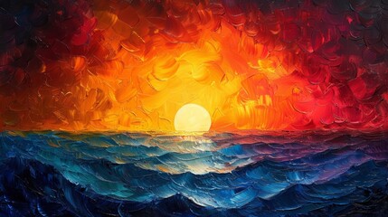 Sunset over the ocean painting - obrazy, fototapety, plakaty