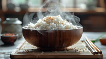 A virtual depiction of a picture frame showcasing a perfect, steaming bowl of rice, surrounded by chopsticks and soy sauce, on a pure white background. The steam adds a layer of authenticity