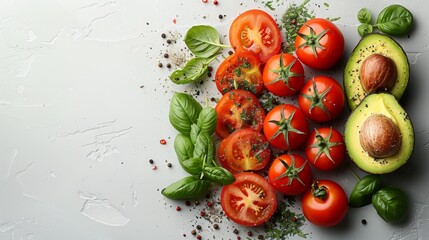 A virtual illustration of a compact arrangement of hot, sliced avocado and tomatoes at the top right, against a white background. The minimal use of space for the subject leaves a generous blank area - obrazy, fototapety, plakaty