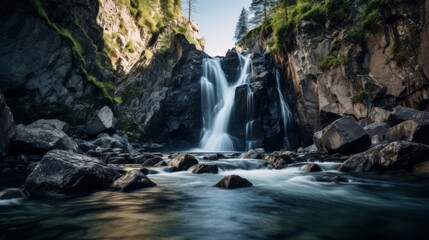 Rocky canyon with waterfall and blue sky