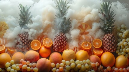 A virtual illustration of a picture frame filled with an assortment of steaming tropical fruits, including pineapple, mango, and papaya, against a white backdrop. The subtle steam rising adds