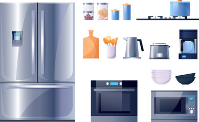 Kitchen utensils and appliances for cooking, vector flat icons set