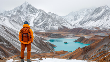 Explorer in orange standing before a turquoise lake and snow-dusted mountains in a vast wintry landscape - obrazy, fototapety, plakaty