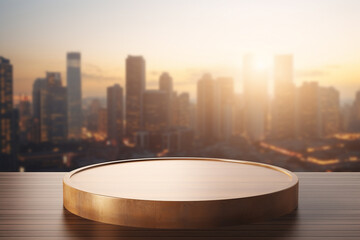 An empty round wooden podium set amidst a city with water drops and minimalist background a product display background or wallpaper concept with backlighting 