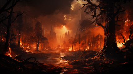 massive forest fire as it rages unchecked through the trees, casting a hellish glow across the landscape. devastating power of nature's fury as flames leap and dance amidst the dense foliage