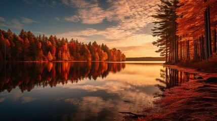 Peaceful lake and landscape in fiery autumn colors