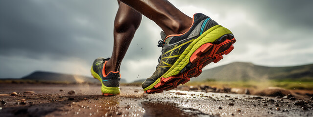  male or man South-African trail runner running on a asphalt background with a close-up of the trail running shoes during a cloudy mid-day 