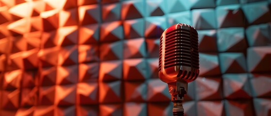 Enhancing Sound Quality: Vintage Microphone in a Sound Recording Studio with Foam Walls. Concept Sound Recording Studio, Vintage Microphone, Foam Walls, Enhancing Sound Quality - obrazy, fototapety, plakaty