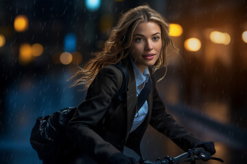 A beautiful young adult of Caucasianformal woman riding her bicycle to work, a backside portrait of a woman commuting on a bicycle on a rainy day in an urban street at midnight 